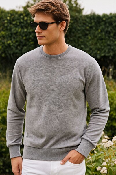 Elemge Cotton Men's Sweatshirt Gray Soft Touch Relax Fit Basic Crew Neck 3 Thread Breathable