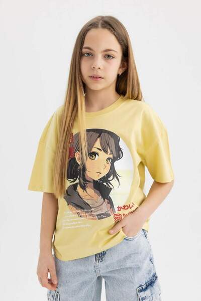 DeFacto Kız Çocuk Oversize Geniş Kalıp Bisiklet Yaka Baskılı Kısa Kollu Tişört B9549A824SM