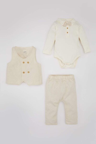 DeFacto Baby Boy Long Sleeve Snap Closure Bodysuit Vest Pants Linen 3-Piece Set B9507A524Sm