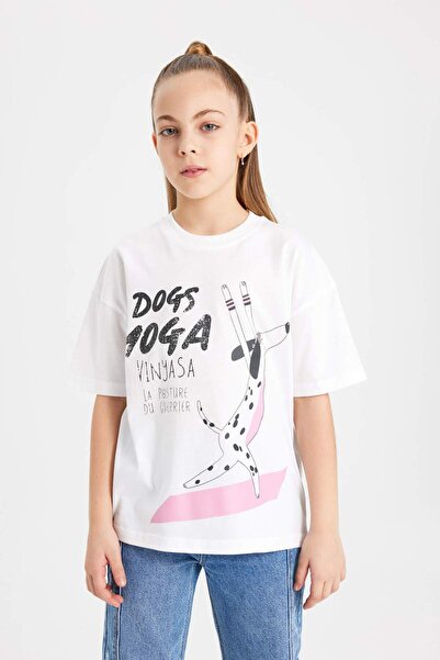 DeFacto Dívčí oversize tričko s krátkým rukávem s potiskem a širokým výstřihem B5098A824SM