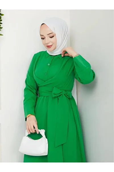 exxitcollection Γυναικείο Hijab Πράσινο Σταθερό Ζώνη Μοντέρνο Κομψό Μακρύ Νυχτερινό Φόρεμα