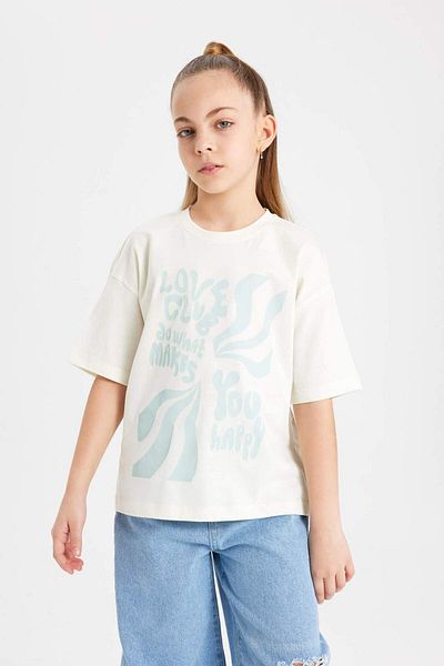 DeFacto Girls' Relax Fit Crew Neck Printed Short Sleeve T-Shirt B5097A824Sm