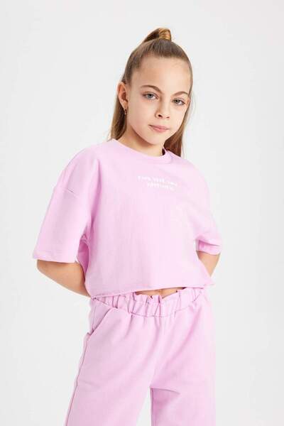 DeFacto Kız Çocuk 2li Takım Baskılı Kısa Kollu Tişört Eşofman Altı B6786A824SM