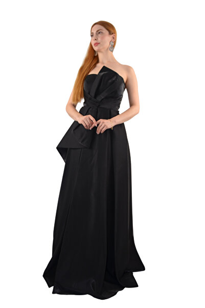 AYSHAN Straplez Parlak Kumaş Siyah Abiye Elbise