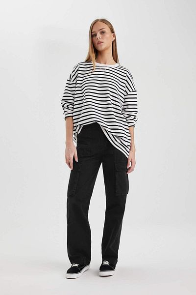 DeFacto Oversize Wide Fit Crew Neck Striped Thick Long Sleeve T-Shirt C4569Ax24Sm
