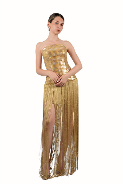 AYSHAN Gold Strapless Tassel Evening Dress