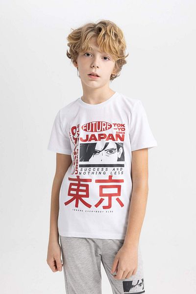 DeFacto Boys' Pajama Set Crew Neck Printed Short Sleeve Top Long Bottom C0623A824Sp