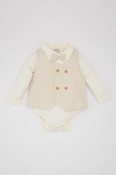 DeFacto Baby Boy Long Sleeve Snap Closure Bodysuit Vest Pants Linen 3-Piece Set B9507A524Sm