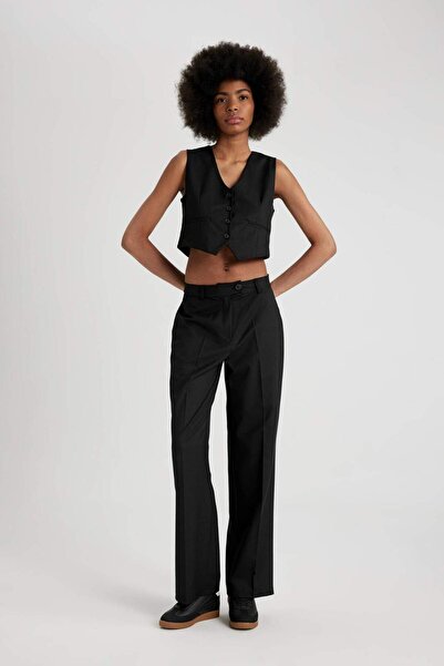 DeFacto Klasické kalhoty Basic Rovné Široké nohavice Široké volné nohavice Vysoký pas Standardní velikost B7495AX24SP