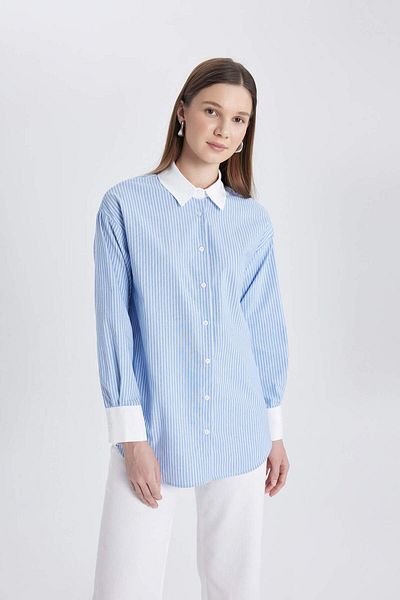 DeFacto Poplin Striped Relax Fit Long Sleeve Tunic Shirt - C4099AX24SP