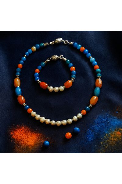 Asteria Elite Real Pearl Blue Agate Orange Agate Elegance, Communication and Evil Eye Protection Necklace Bracelet Set