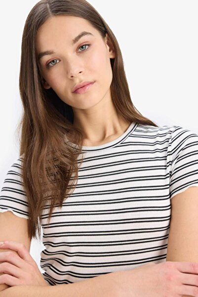 DeFacto Tricou de bază cu mânecă scurtă, cu decolteu, în dungi, cu nervuri, K1965az24sm