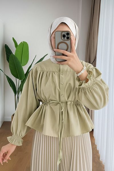 Refika Butik Women's Skirt Top Hijab Short Shirt with Tunnel Waist Light Green