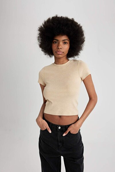 DeFacto Εφαρμοσμένο μπλουζάκι με λαιμόκοψη με λευκασμένο εφέ Basic κοντομάνικο μπλουζάκι B9229ax24sm