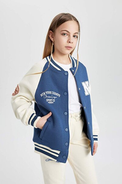 DeFacto Girls' College Collar Snap Closure Double Pocket Seasonal Thick Inside Soft Feathered Bomber Cardigan