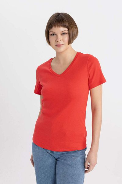DeFacto V-Neck Slim Fit Rib T-Shirt - 100% Cotton, Short Sleeve I1080Az24Sm