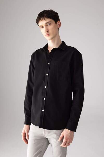 DeFacto %100 Pamuk Relax Fit Polo Yaka Gabardin Uzun Kollu Siyah Gömlek C1477AX24SP