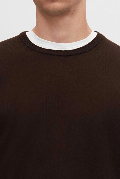 D'S Damat Ds Damat Regular Fit Kahverengi Tüylenme Yapmayan Bisiklet Yaka Pamuklu Triko Kazak