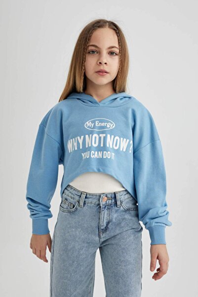 DeFacto Kız Çocuk Oversize Geniş Kalıp Baskılı Kapüşonlu Crop Sweatshirt C0483A824SP