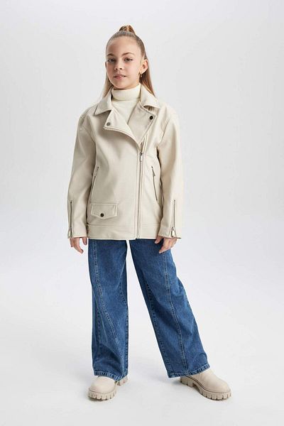 DeFacto Girl's Water Repellent Faux Leather Jacket Coat B2264A824Sp
