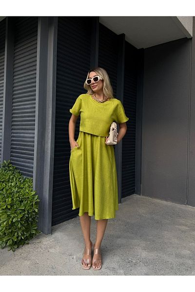 Afiş Butik Oil Green Blouse Skirt Look Linen Dress