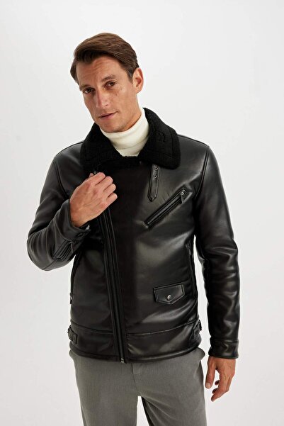 DeFacto Slim Fit Dar Kesim Astarlı Fermuarlı Suni Deri Mont A4392AX23WN