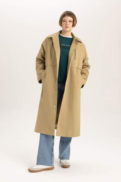 DeFacto Su İticiUzun Trençkot Oversize Geniş Kalıp Çıkarılabilir Kapüşonlu Beli Bağcıklı A7500AX24SP