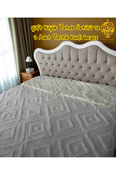 Tekstilsa Iskandinav Çift Kişilik Yatak Örtüsü 240 X 250 Cm Ve 2 Adet Yastık Ekru