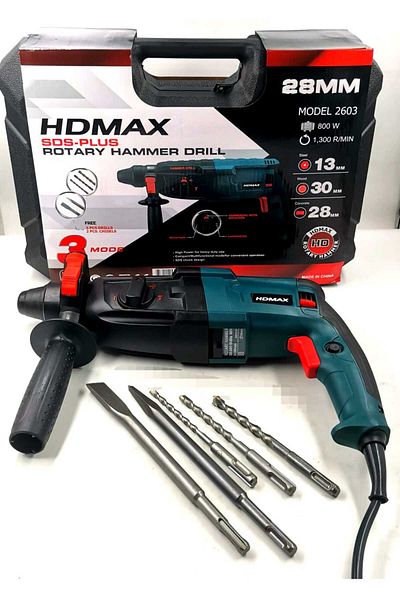 HDMAX مثقاب مطرقة دوارة 800 واط 28 مم مع 5 قطع من المثاقب والأزاميل المجانية 3 أوضاع للاستخدام الشاق