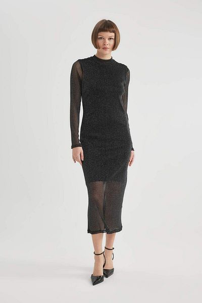 DeFacto Bodycon Bodycon Basic Solid Jumătate de gât cu mânecă lungă din tul Midi Rochie B6668AX23WN