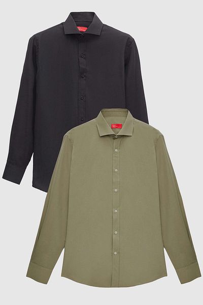D'S Damat Ds Damat Slim Fit Black/Khaki Italian Collar Easy-Iron 2'Li Shirt