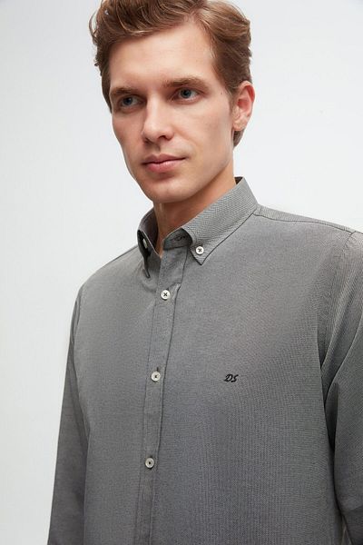 D'S Damat Anthracite Oxford Groom Slim Fit Shirt - Buttoned Collar, Easy Ironing, Embroidery Detail