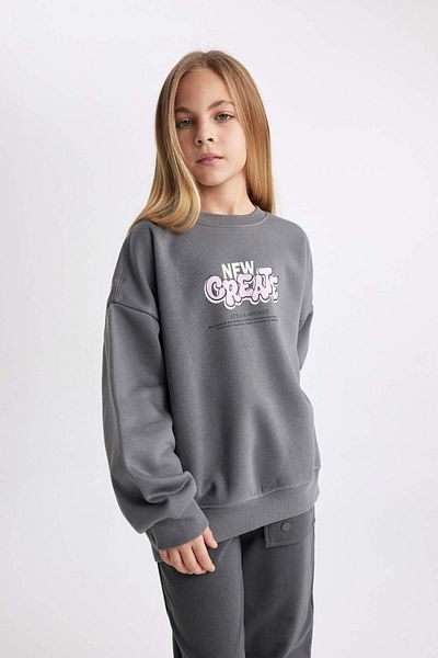 DeFacto Girls Oversize Wide Fit Crew Neck Printed Soft Furry Thick Sweatshirt B2509A823Wn