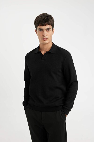 DeFacto Černá mikina Regular Fit Polo Neck Jacquard Knitwear A9785ax23au