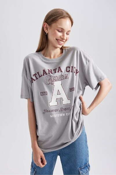 DeFacto Оверсайз широкий крій велосипедний комір з принтом короткий рукав фут...