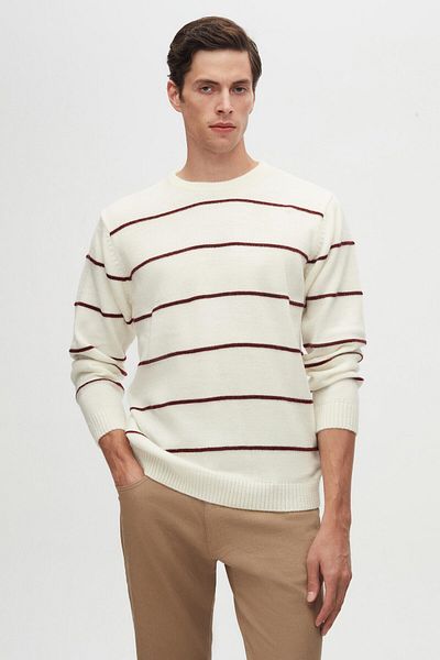 D'S Damat Ds Damat Regular Fit Ecru Striped Anti-Pilling Crew Neck Knitwear Sweater