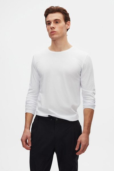 D'S Damat White Crew Neck 100% Cotton Groom Slim Fit Body - Long Sleeve Breathable T-Shirt