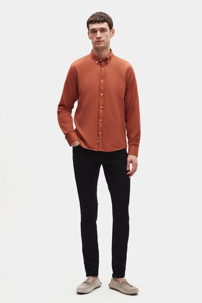 D'S Damat Ds Damat Slim Fit Tarçın Oxford Düğmeli Yaka Kolay Ütülenebilir Nakış Detaylı Pamuklu Gömlek