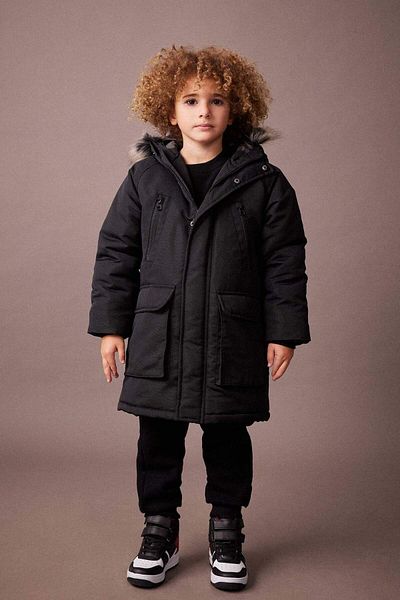 DeFacto Boy's Hooded Water Repellent Plush Lining Long Coat Coat A2259A823Wn