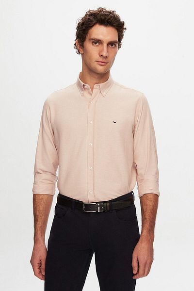 D'S Damat Ds Damat Slim Fit Ecru Oxford Button Collar Easy-Iron Cotton Shirt with Embroidery Detail