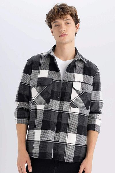 DeFacto Relax Fit Polo Collar Checkered Lumberjack Flannel Cotton Long Sleeve Shirt Z0639Az23Au
