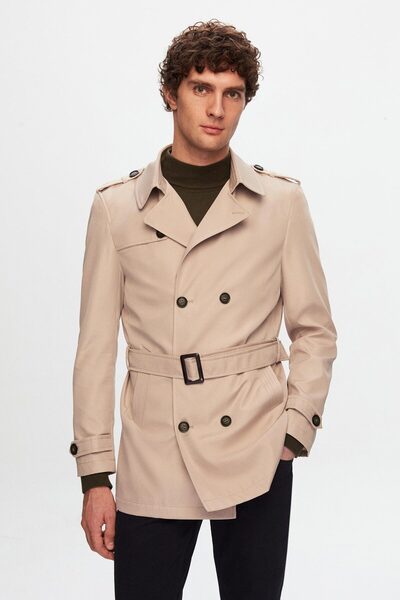 D'S Damat Ds Damat Regular Fit Bej Apoletli Beli Kemerli Pardösü/Trenckot