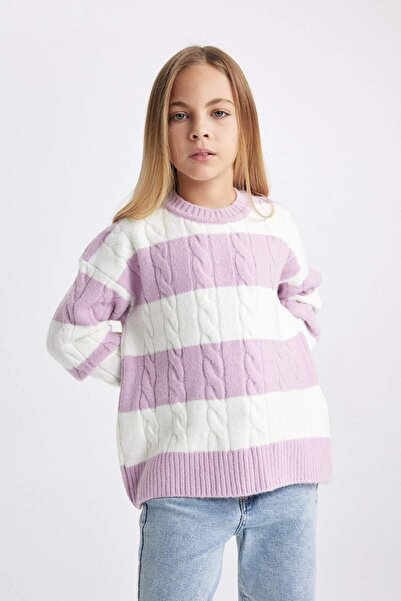 DeFacto Mädchen-Rundhalsausschnitt gestreifter Strickpullover B1925A823WN