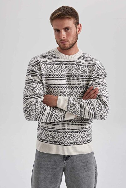 DeFacto Relax Fit Patterned Crew Neck Sweater Sweater B1892Ax23Wn