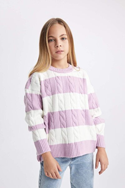 DeFacto Mädchen-Rundhalsausschnitt gestreifter Strickpullover B1925A823WN