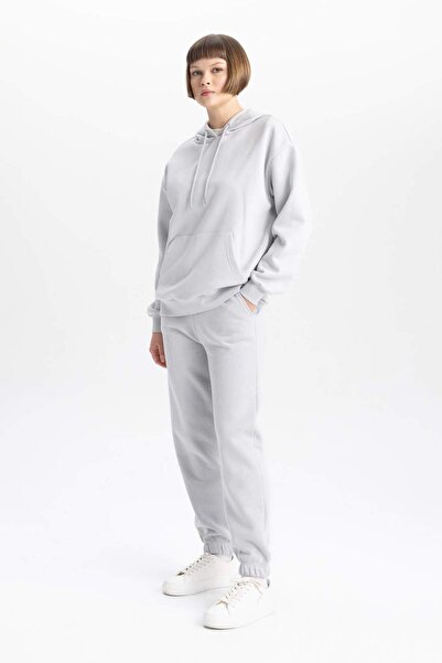 DeFacto Relax Fit Hooded Kangaroo Pocket Thick Basic Plain Gray Sweatshirt W1240Az23Wn