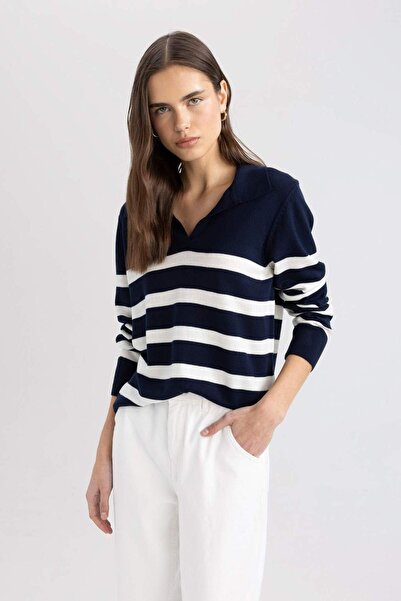 DeFacto Pulover tricotat cu dungi cu gât polo cu croiala normală A1249AX23WN