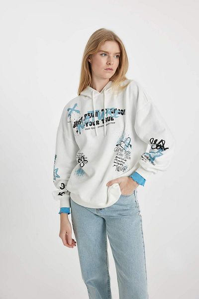 DeFacto Coool Oversize Wide Fit Hooded Printed Thick Fabric Sweatshirt B6949Ax23Wn