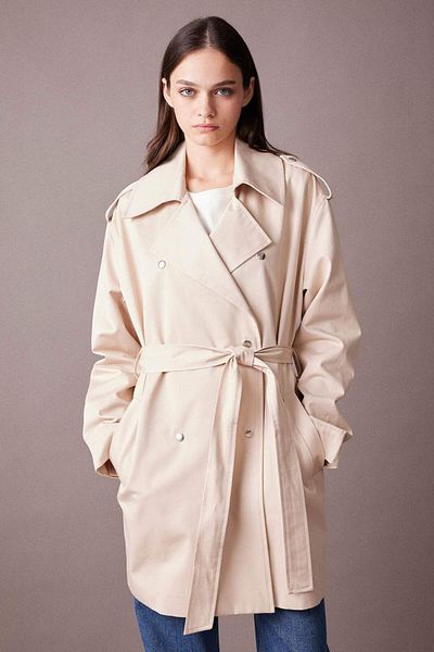 DeFacto Water Repellent Trench Coat Oversize Wide Fit Double Breasted Lapel Button Belted Pocketed Epaulet Belted A3601Ax23