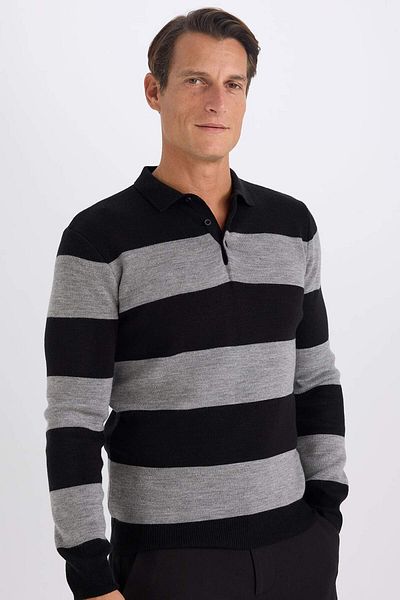 DeFacto Pulover tricot cu guler polo cu dungi standard Fit Y4194AZ23WN